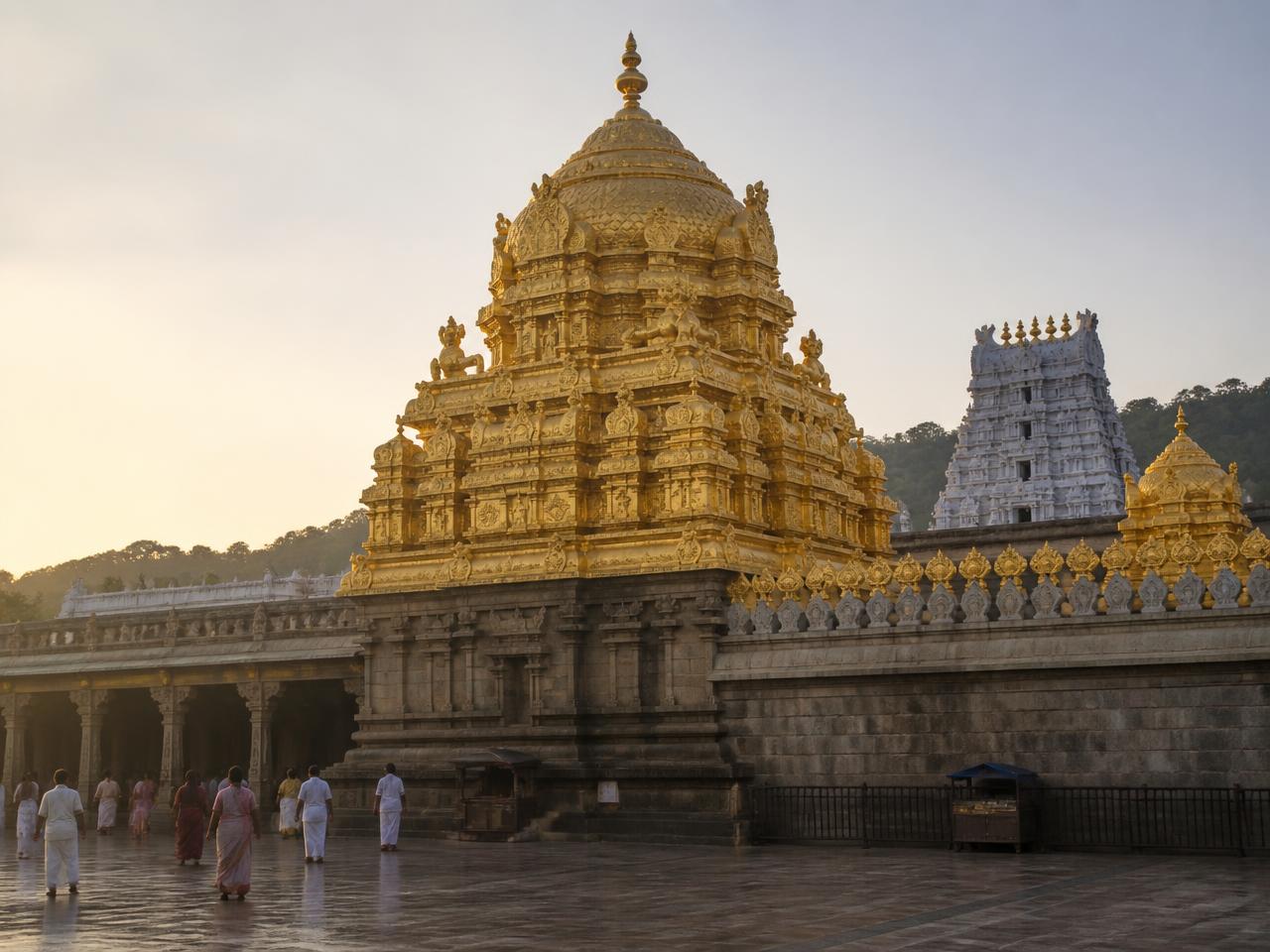 The Tirumala Venkateswara Temple with pilgrims in the morning light