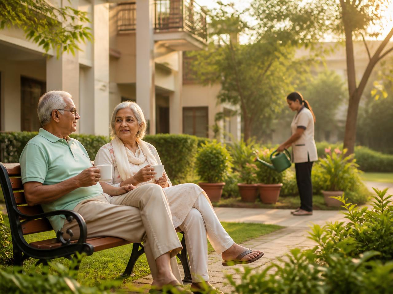An elderly couple relaxing in the garden of a senior living community