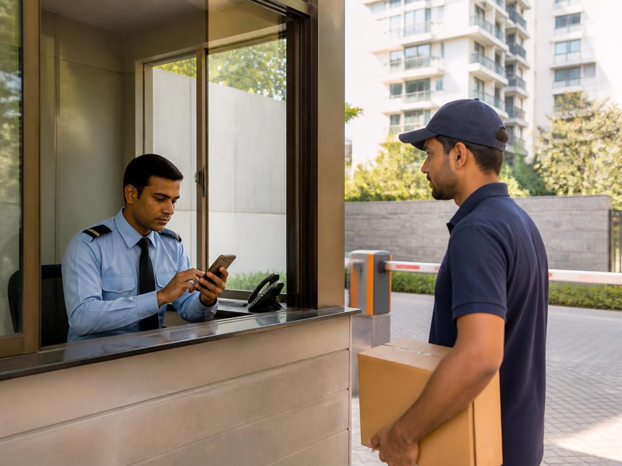 A security guard recording a delivery visitor's entry on his phone at the gate